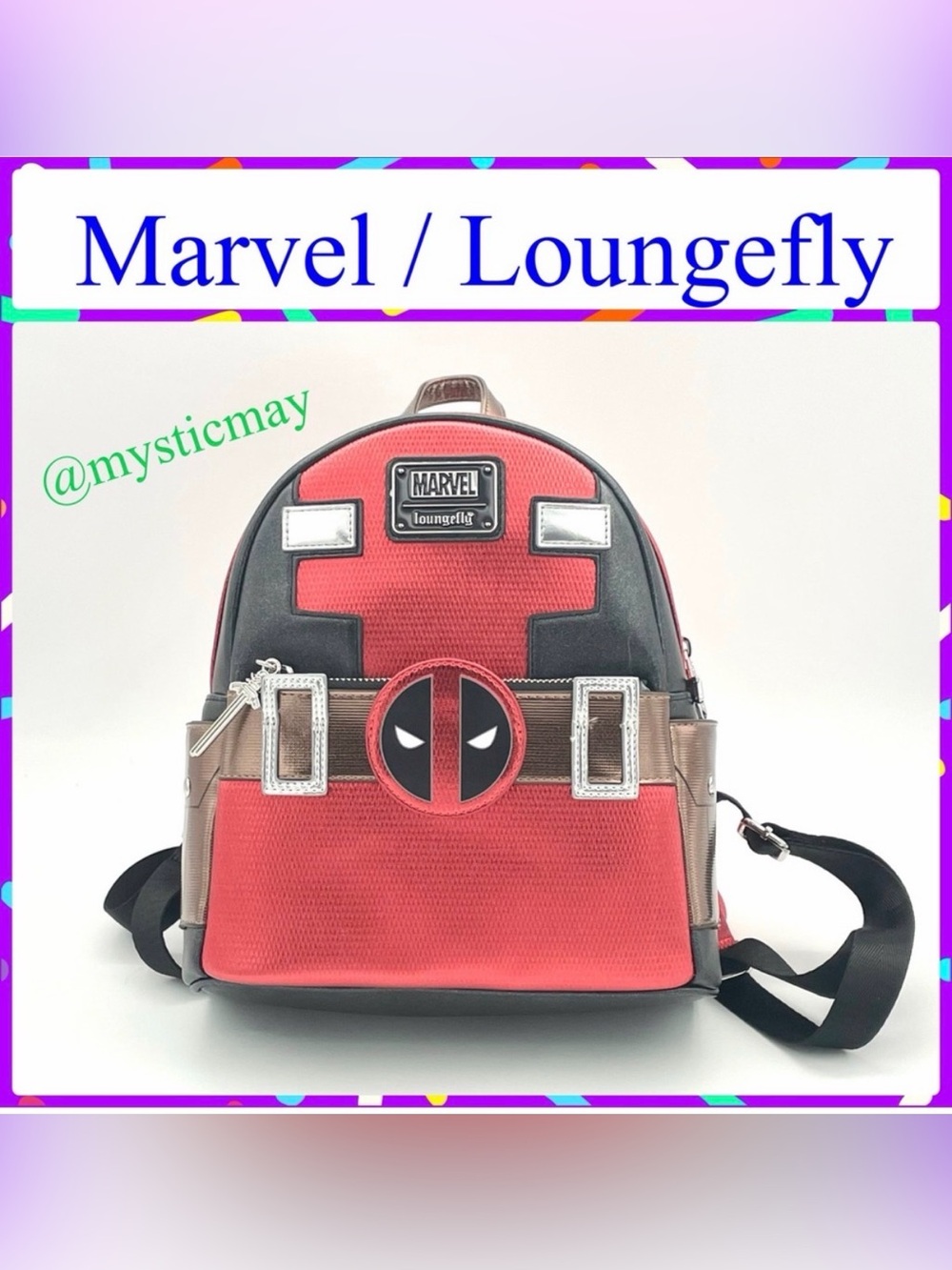 New LOUNGEFLY Marvel Deadpool Mask Red Metallic Faux Leather Mini Backpack Purse
